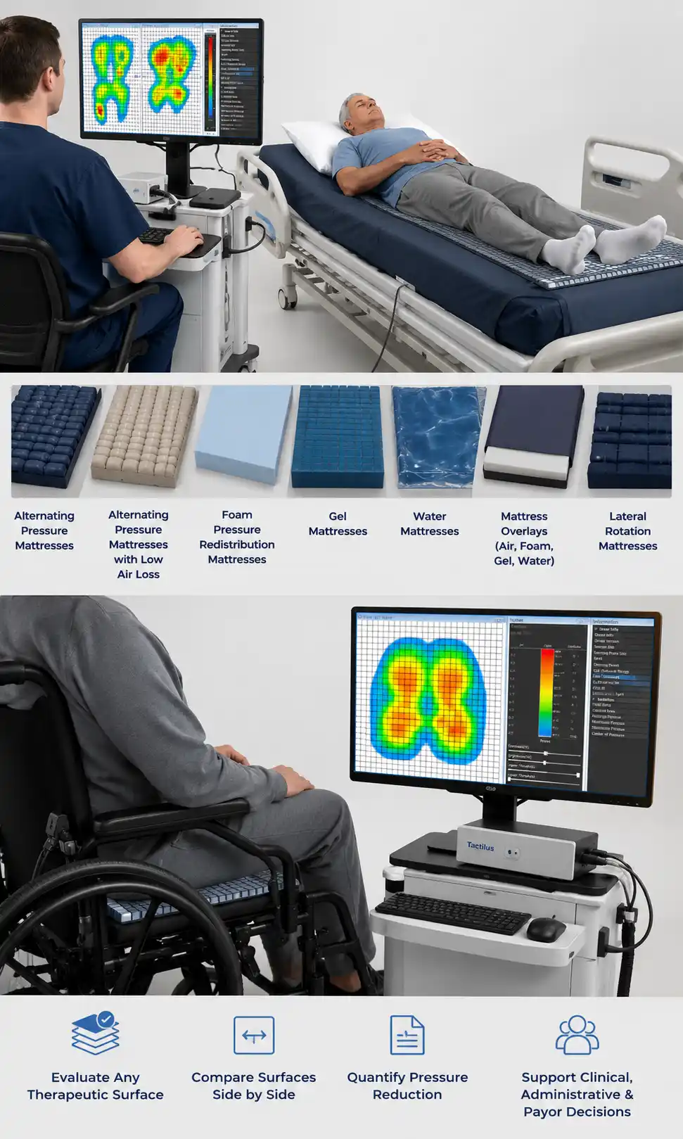 Tactilus system evaluating and comparing multiple therapeutic mattress surfaces side by side