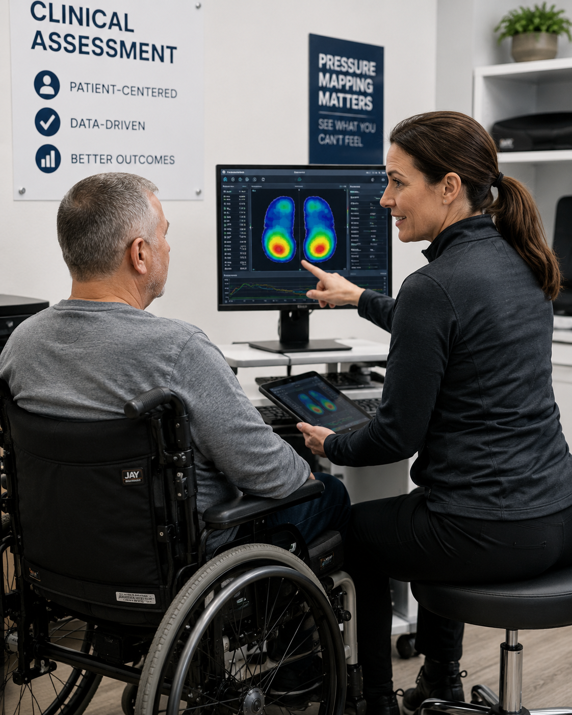 Clinician using Tactilus pressure mapping system to assess interface pressure for therapeutic surface selection