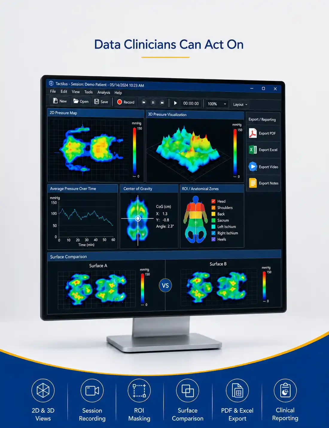 Tactilus Windows-based clinical interface showing 2D and 3D pressure visualization