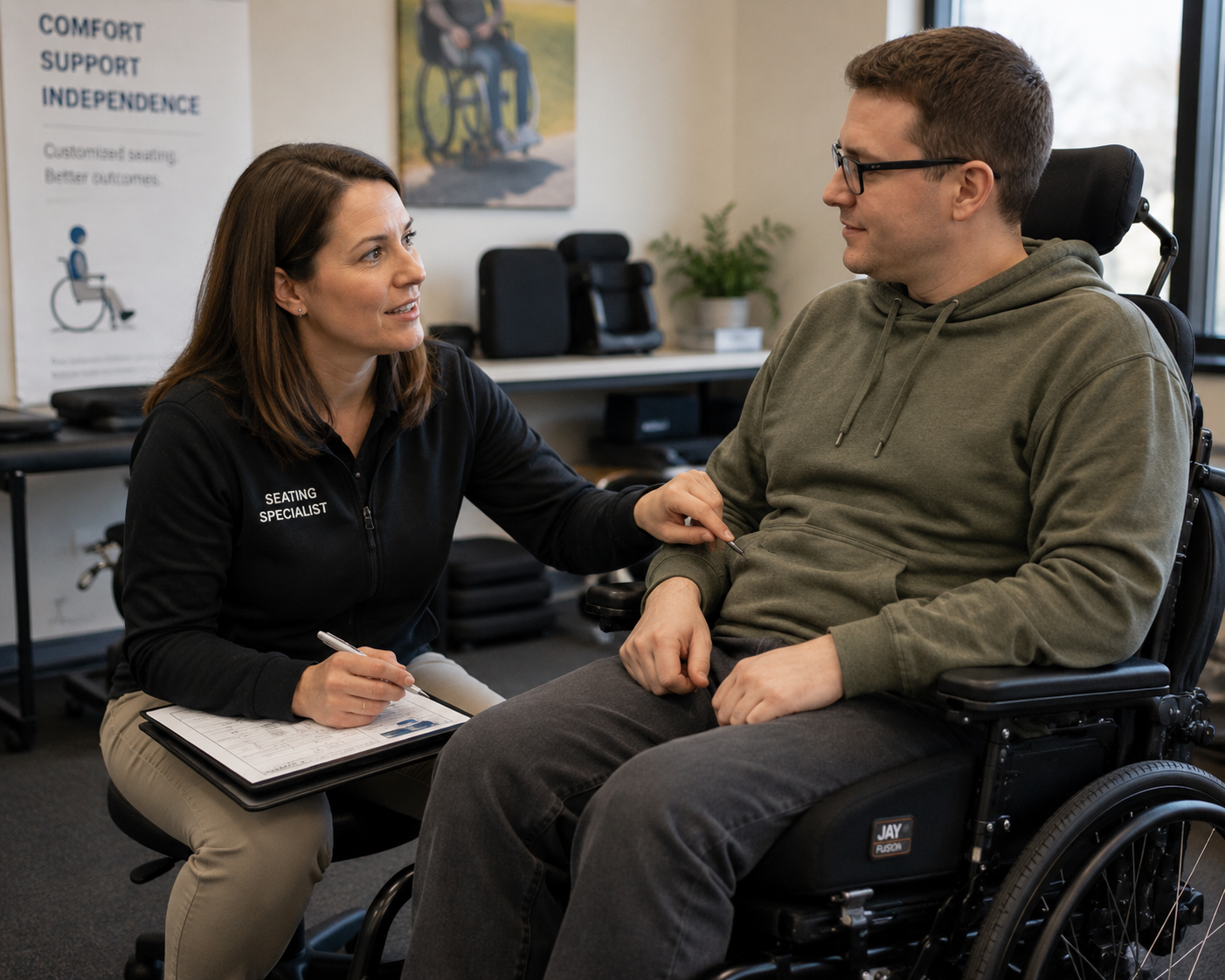 Seating specialist performing wheelchair pressure mapping assessment